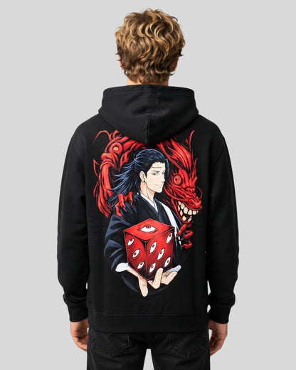 Sman's Solid Black Cotton Crew Neck Oversized Printed Hoodie For Men