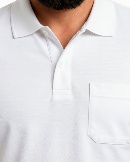 Men Plus size Polo Collar Pockets White T-shirt