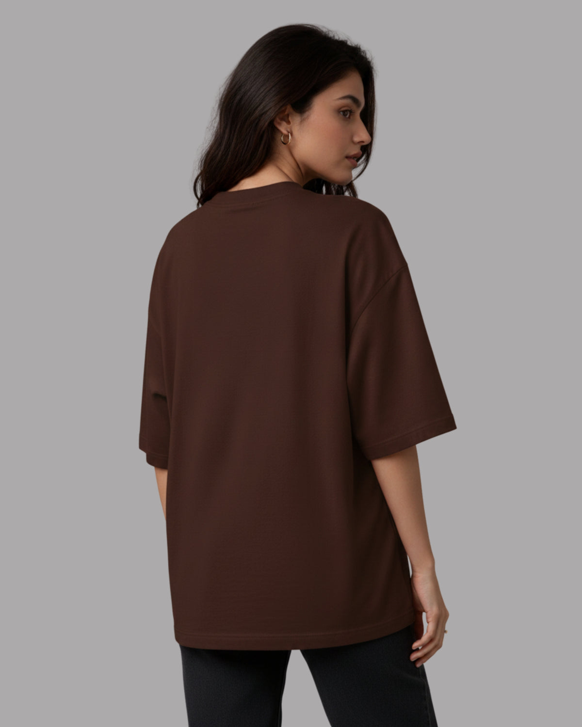 Women Solid Brown Cotton Half Sleeve Crew Neck Oversized T-Shirt