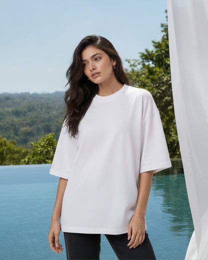 Women Solid White Cotton  Half Sleeve Crew Neck Oversized T-Shirt