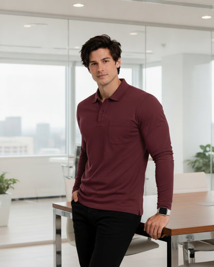 Men's Solid Maroon Matty Full sleeve Polo Regular T-Shirt