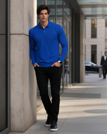 Men's Solid Royal Blue Matty Full sleeve Polo Regular T-Shirt