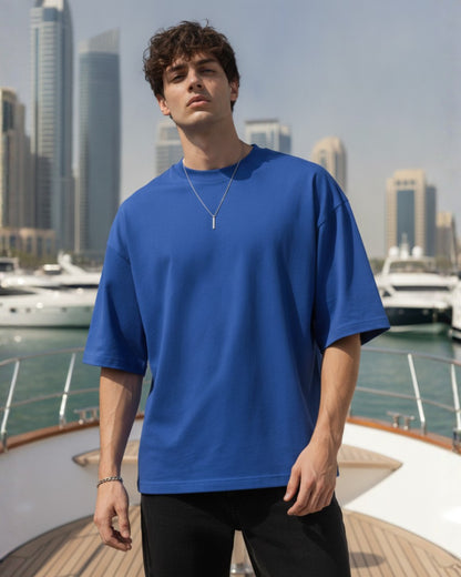 Men's Solid Royal Blue Cotton  Half Sleeve Crew Neck Oversized T-Shirt