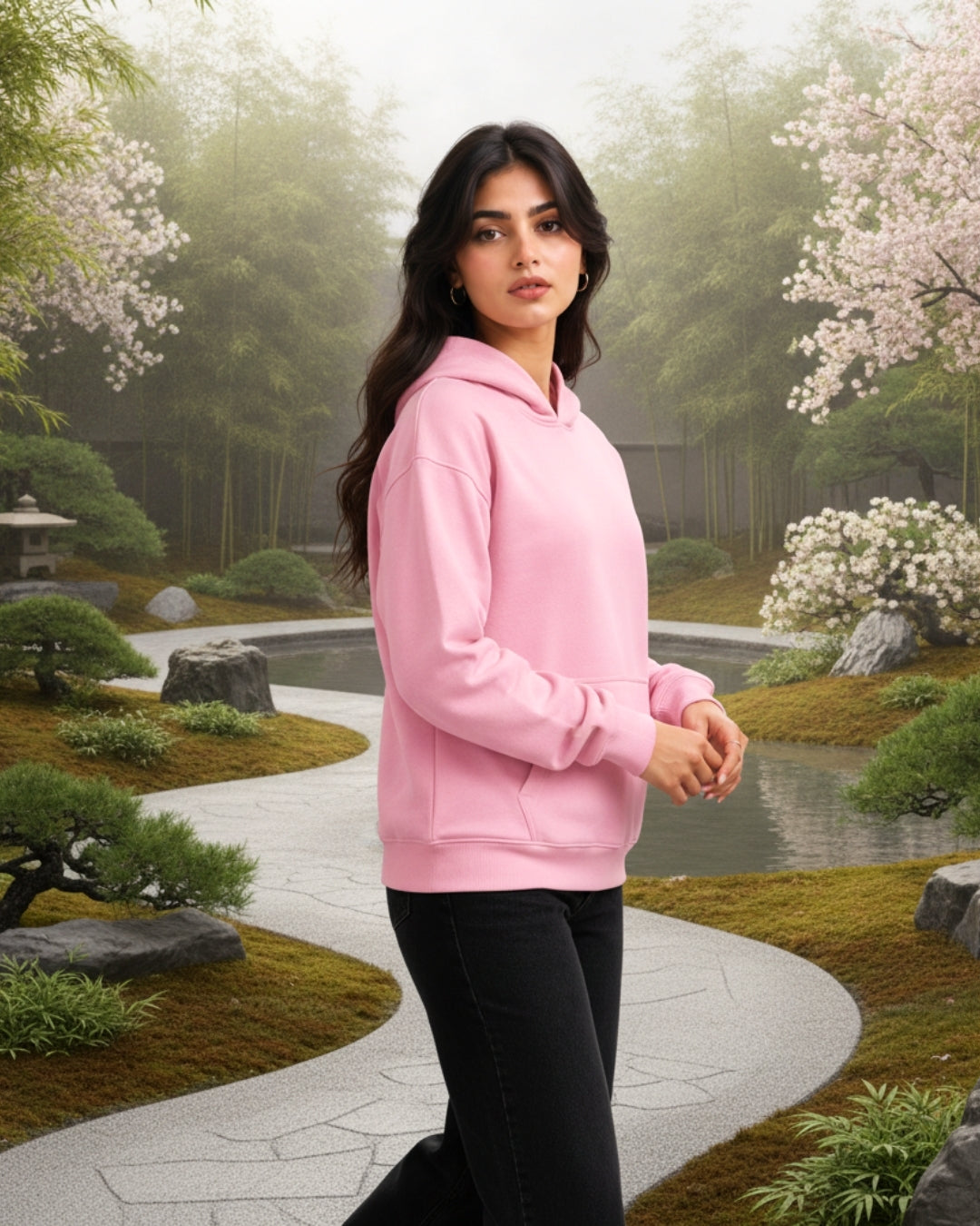 Women's Solid Pink Cotton Full Sleeve Oversized Hoodie