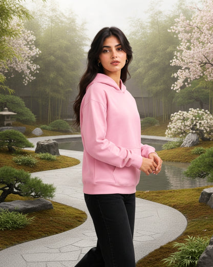 Women's Solid Pink Cotton Full Sleeve Oversized Hoodie