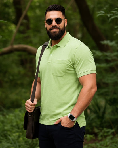 Men Plus size Polo Collar Pockets Olive T-shirt