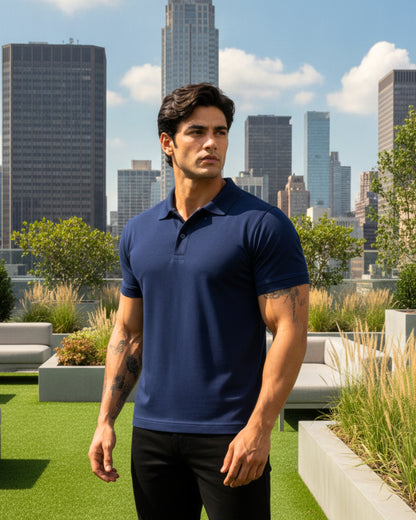Men's Solid Navy Blue Matty Half Sleeve Polo Regular T-Shirt