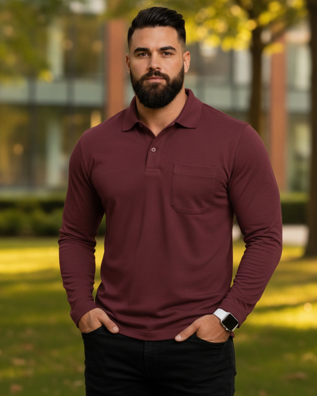 Men's Solid Maroon Matty Full Sleeve Polo Regular T-Shirt