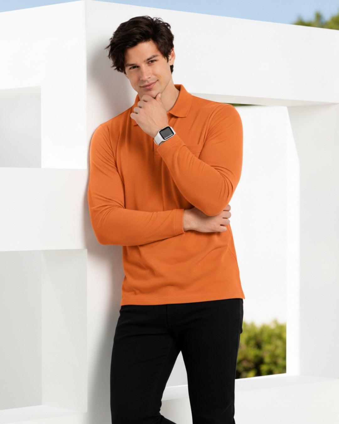 Men's Solid Orange Matty Full sleeve Polo Regular T-Shirt