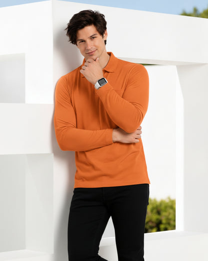 Men's Solid Orange Matty Full sleeve Polo Regular T-Shirt