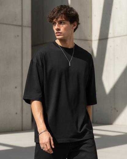 Men's Solid Black Cotton  Half Sleeve Crew Neck Oversized T-Shirt