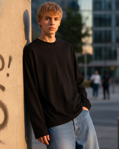 Men's Solid Black Oversized Long Sleeve Crew Neck Regular T-Shirt