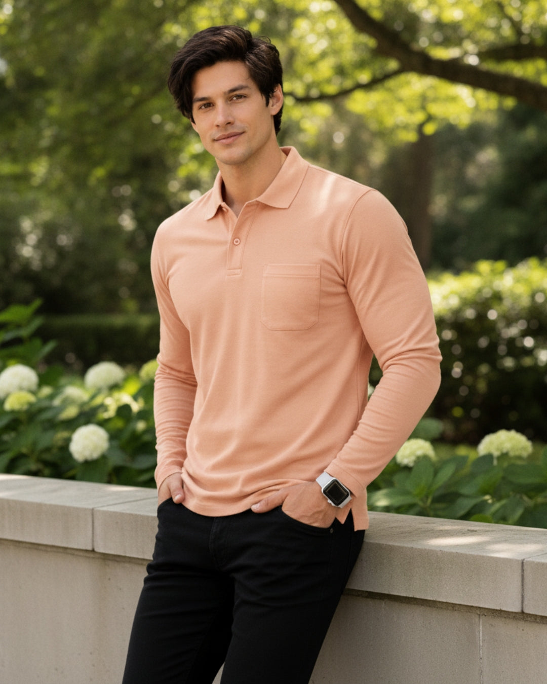 Men's Solid Peach Matty Full sleeve Polo Regular T-Shirt