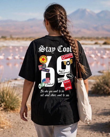 Sman's Solid Black Cotton Crew Neck Oversized Printed T-Shirt For Women