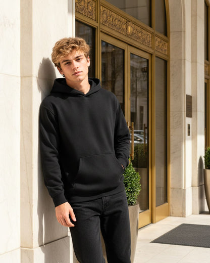 Sman's Solid Black Cotton Crew Neck Oversized Printed Hoodie For Men