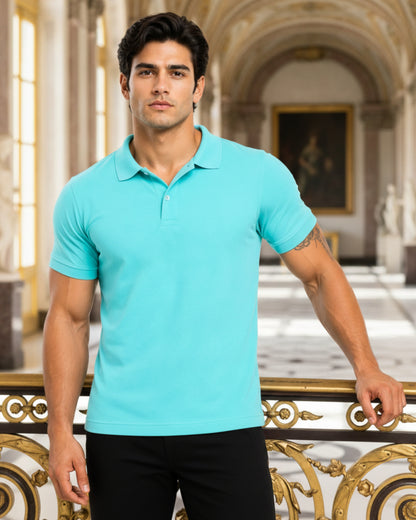 Men's Solid Aqua Matty Half Sleeve Polo Regular T-Shirt