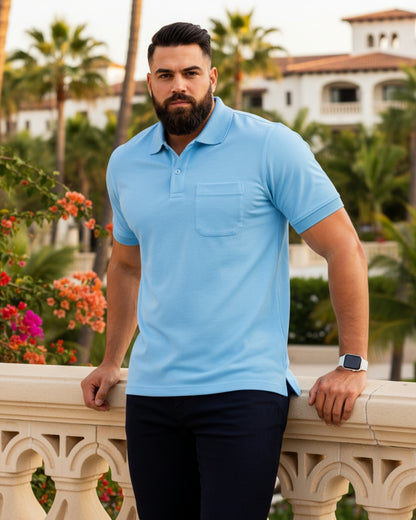 Men Plus size Polo Collar Pockets Sky Blue T-shirt