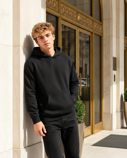 Sman's Solid Black Cotton Crew Neck Oversized Printed Hoodie For Men