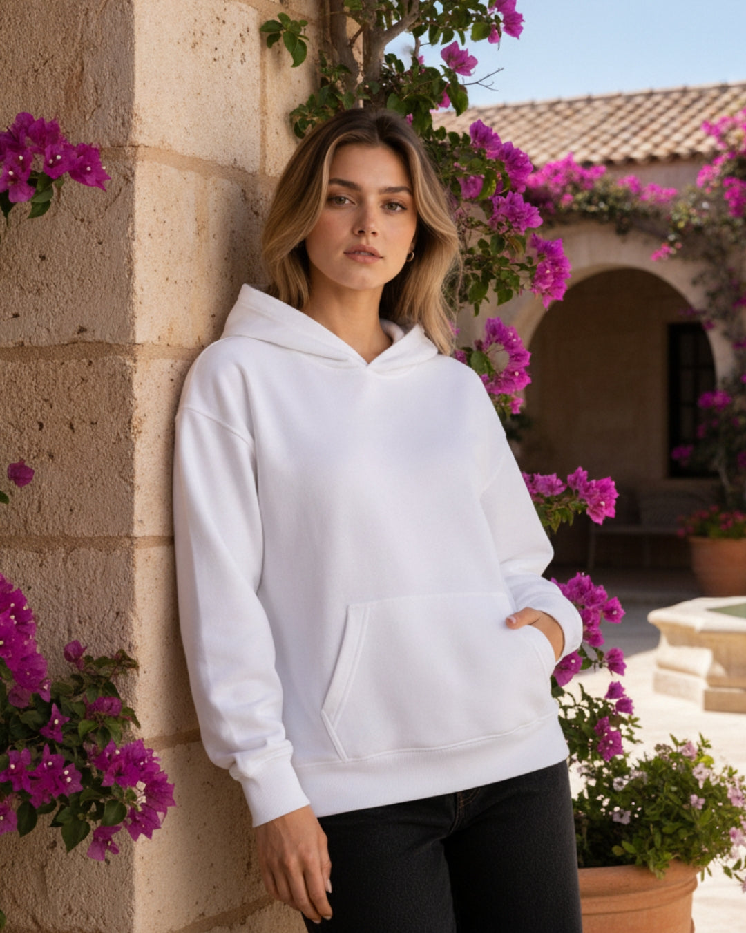 Sman's Solid White Cotton Crew Neck Oversized Printed Hoodie For Women