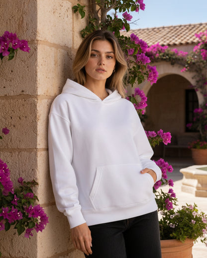 Sman's Solid White Cotton Crew Neck Oversized Printed Hoodie For Women