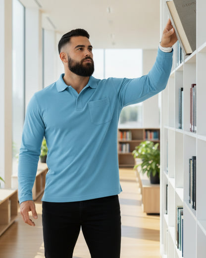 Men's Solid Sky Blue Matty Full Sleeve Polo Regular T-Shirt