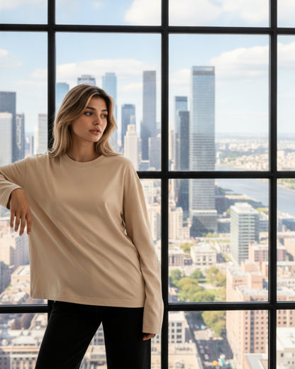 Women's Solid Beige Oversized Long Sleeve Crew Neck Regular T-Shirt
