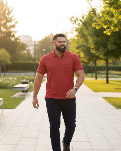 Men Plus size Polo Collar Pockets Red T-shirt