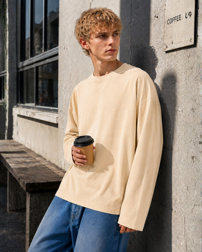 Men's Solid Beige Oversized Long Sleeve Crew Neck Regular T-Shirt