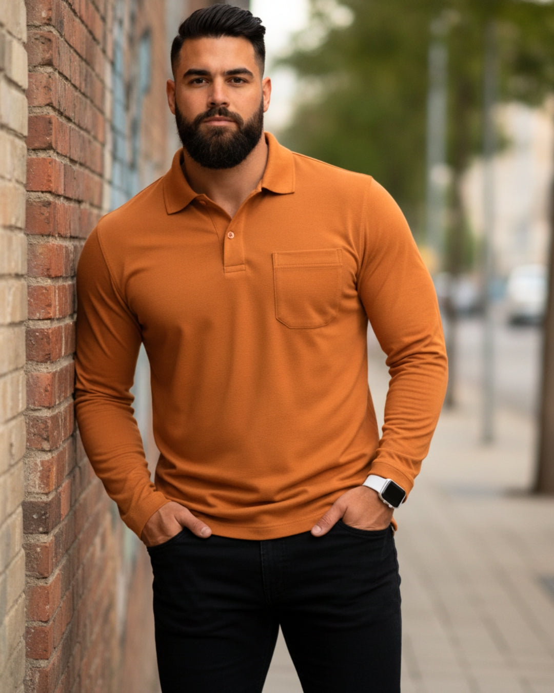 Men's Solid Orange Matty Full Sleeve Polo Regular T-Shirt