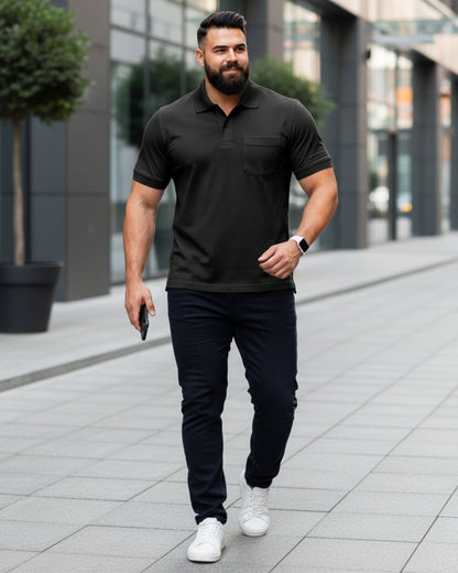 Men Plus size Polo Collar Pockets Black T-shirt