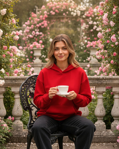 Women's Solid Red Cotton Full Sleeve Oversized Hoodie