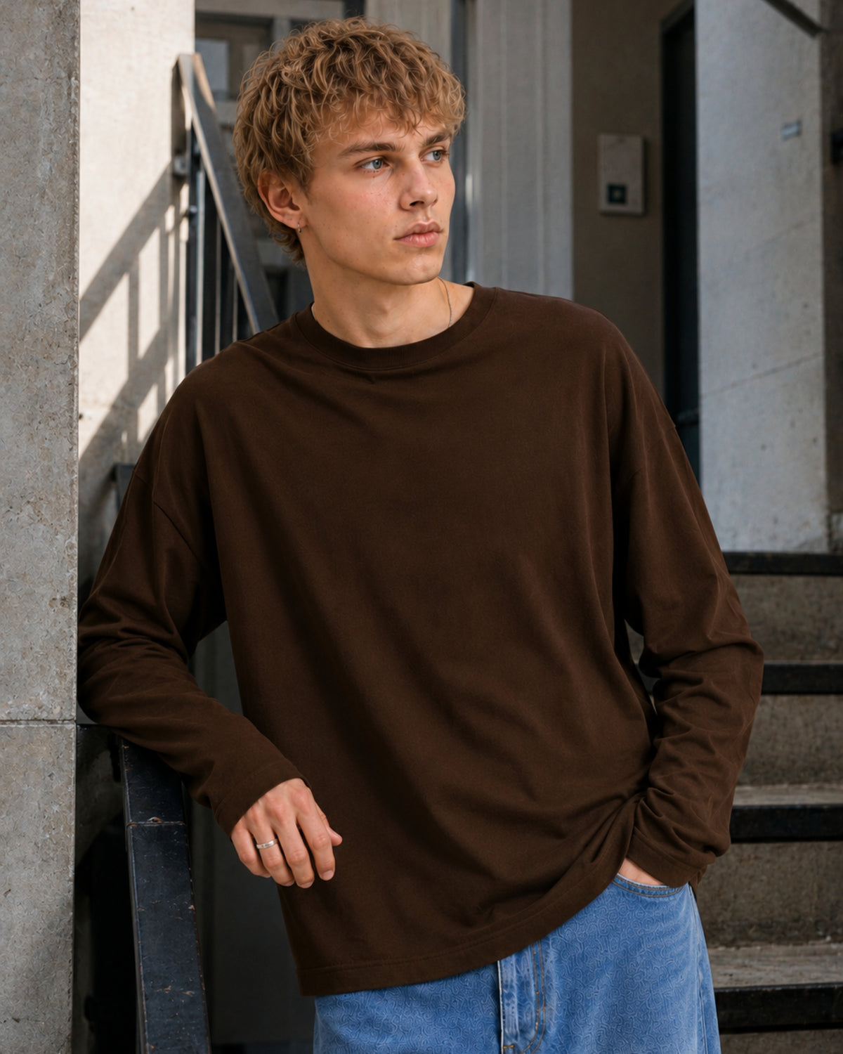 Men's Solid Brown Oversized Long Sleeve Crew Neck Regular T-Shirt
