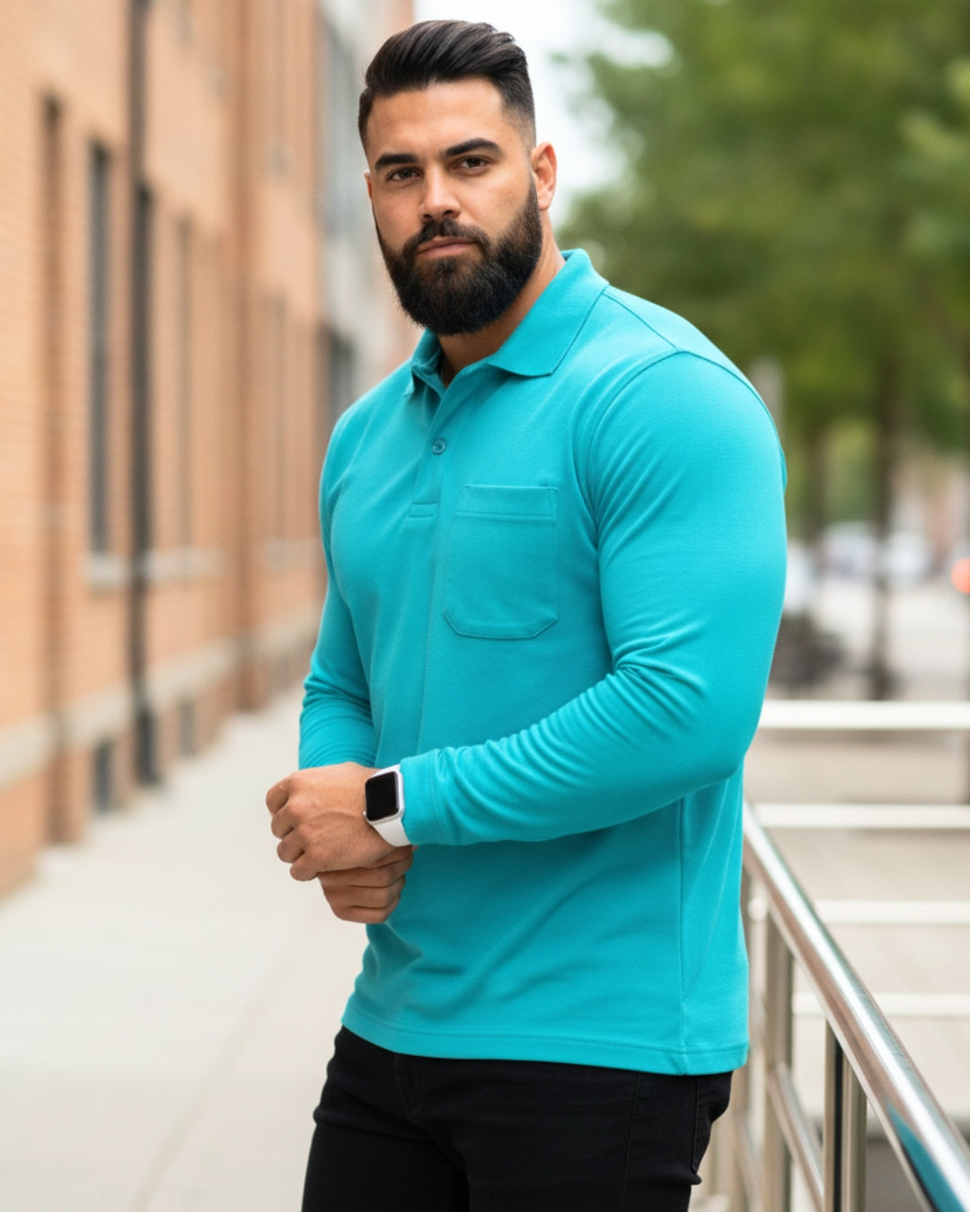 Men's Solid Aqua Matty Full sleeve Polo Regular T-Shirt