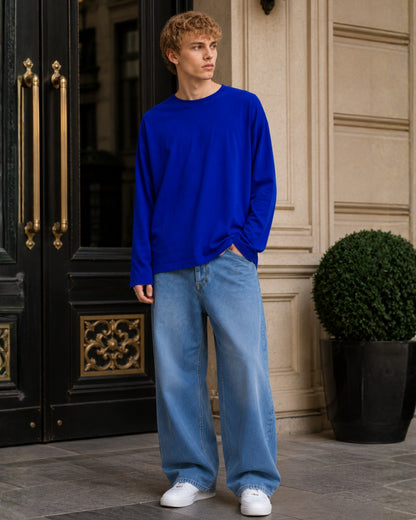 Men's Solid Royal Blue Oversized Long Sleeve Crew Neck Regular T-Shirt