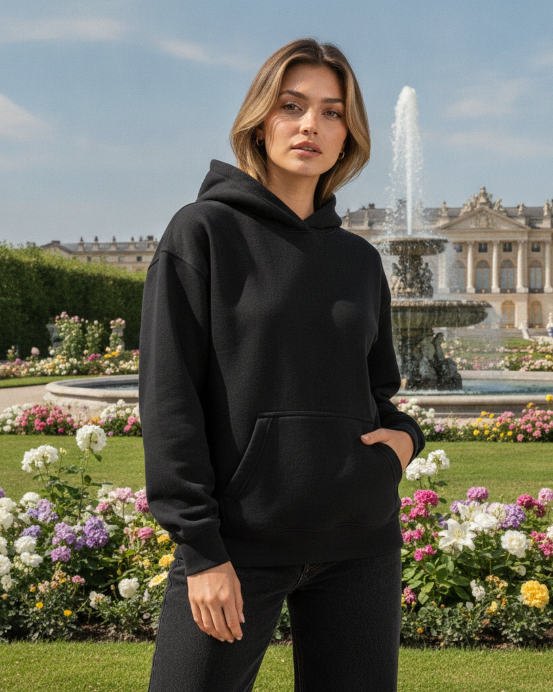 Sman's Solid Black Cotton Crew Neck Oversized Printed Hoodie For Women