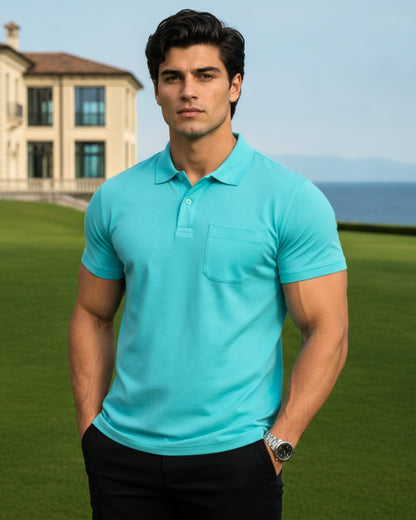 Men's Solid Aqua Matty Half Sleeve Polo Regular T-Shirt
