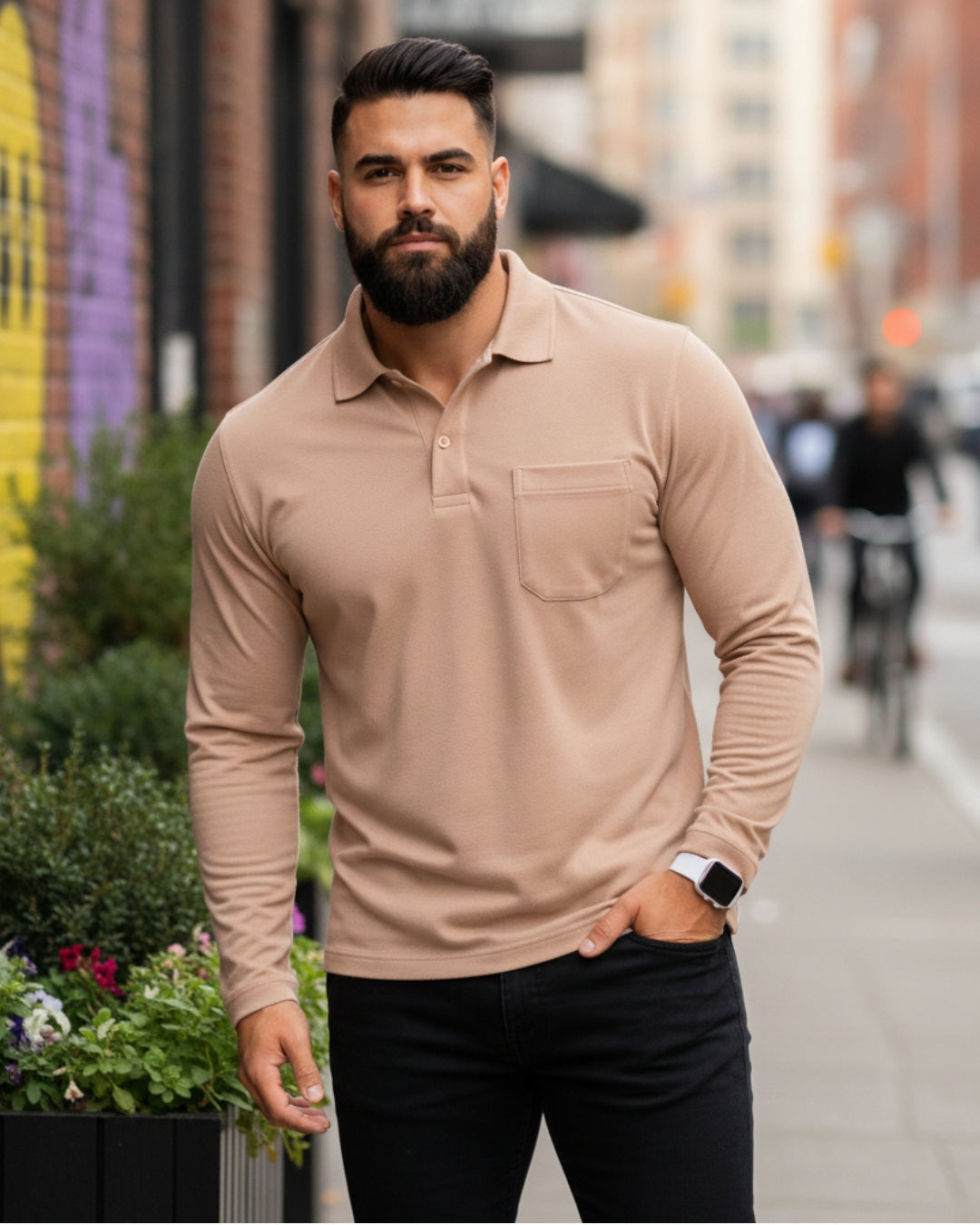 Men's Solid Peach Matty Full Sleeve Polo Regular T-Shirt