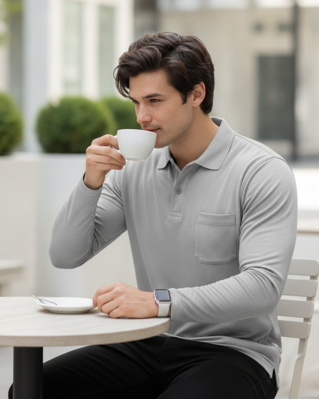 Men's Solid Grey Matty Full sleeve Polo Regular T-Shirt