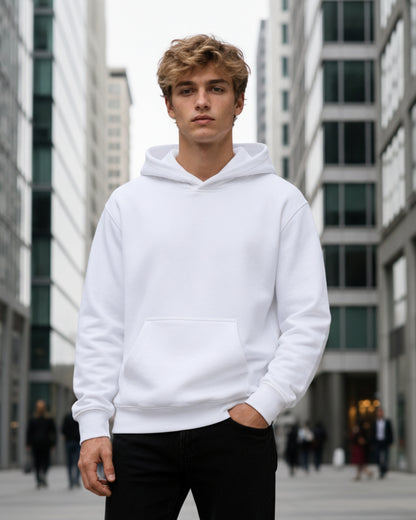 Sman's Solid White Cotton Crew Neck Oversized Printed Hoodie For Men