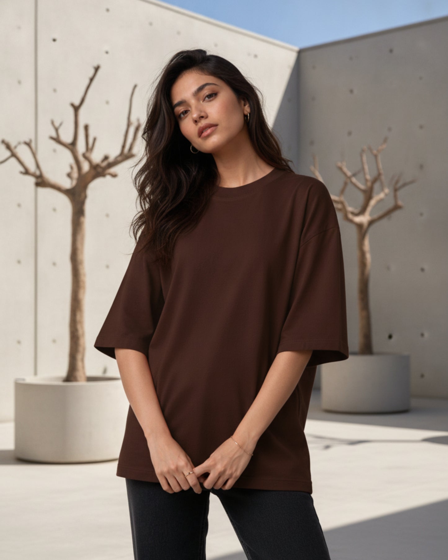 Women Solid Brown Cotton  Half Sleeve Crew Neck Oversized T-Shirt
