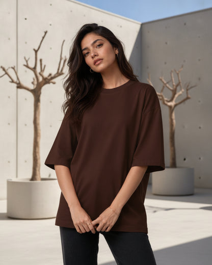 Women Solid Brown Cotton  Half Sleeve Crew Neck Oversized T-Shirt