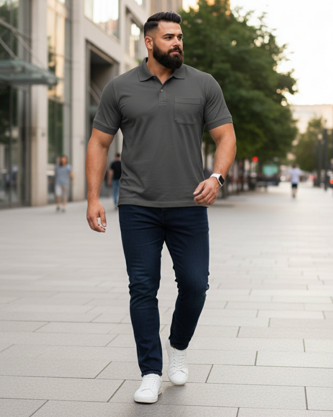 Men Plus size Polo Collar Pockets Dark Gray T-shirt
