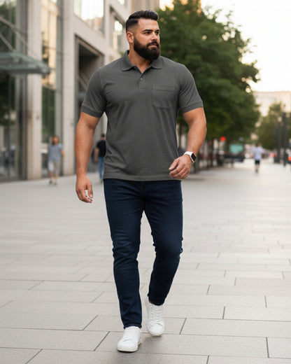 Men Plus size Polo Collar Pockets Dark Gray T-shirt