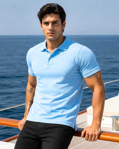 Men's Solid Sky Blue Matty Half Sleeve Polo Regular T-Shirt