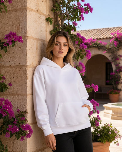 Women's Solid White Cotton Full Sleeve Oversized Hoodie