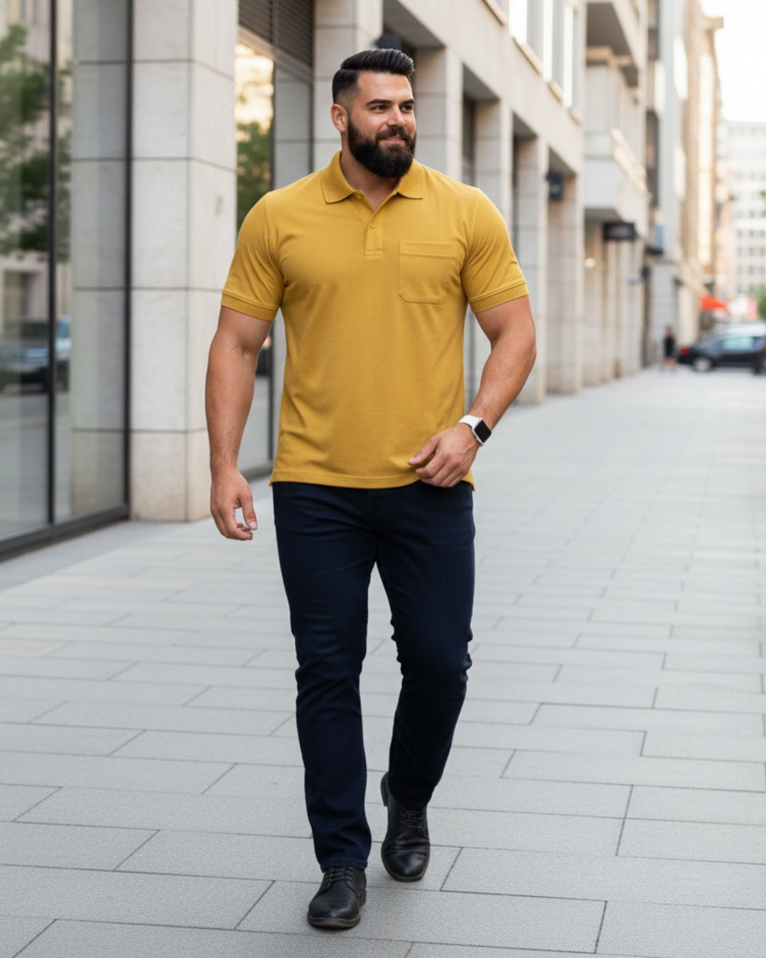 Men Plus size Polo Collar Pockets Mustard T-shirt