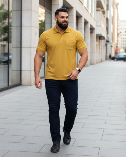 Men Plus size Polo Collar Pockets Mustard T-shirt