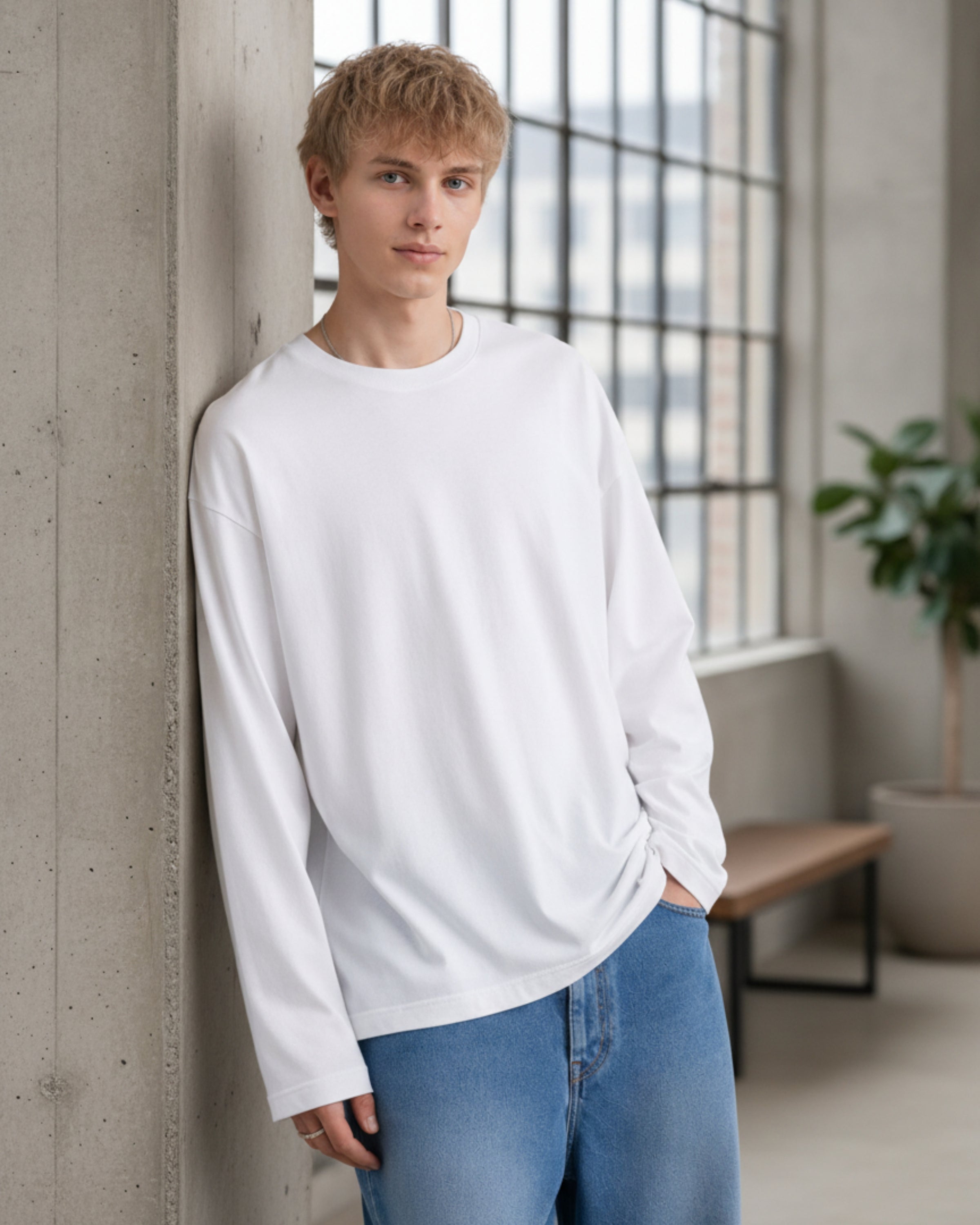 Men's Solid White Oversized Long Sleeve Crew Neck Regular T-Shirt