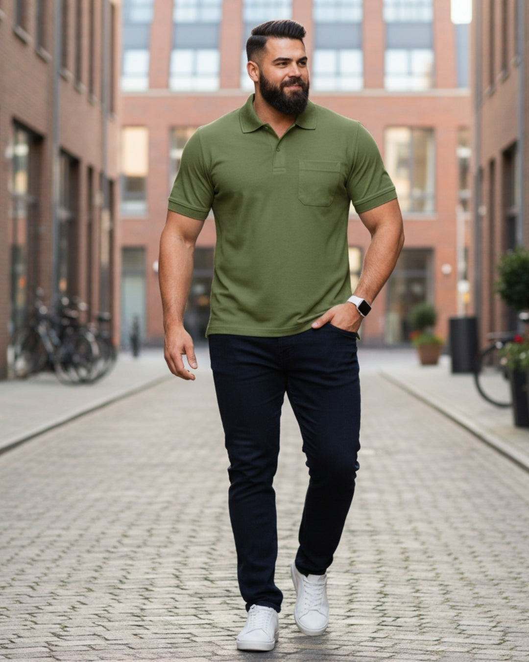 Men Plus size Polo Collar Pockets Mehndi T-shirt