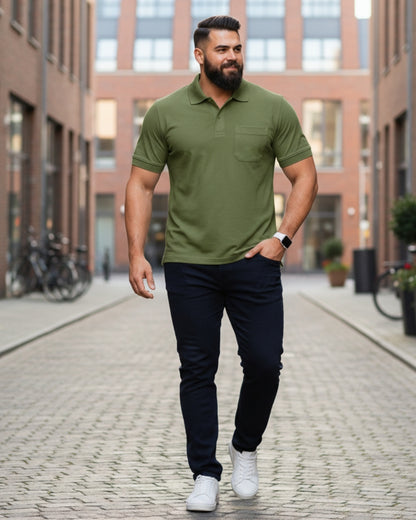 Men Plus size Polo Collar Pockets Mehndi T-shirt